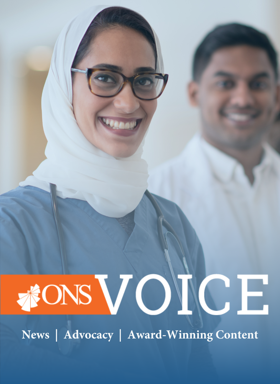 Smiling nurse in hijab, voice logo on the bottom half of image